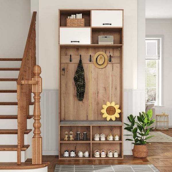 Eingangsschrank 80 x 185 x 35 cm, Eingangsschrank, Sitzbank und Schuhhalter mit Matten, Kleiderständer, 5 Haken, 6 offene Regale, 2 Schränke für den Flureingang (A-Natur)