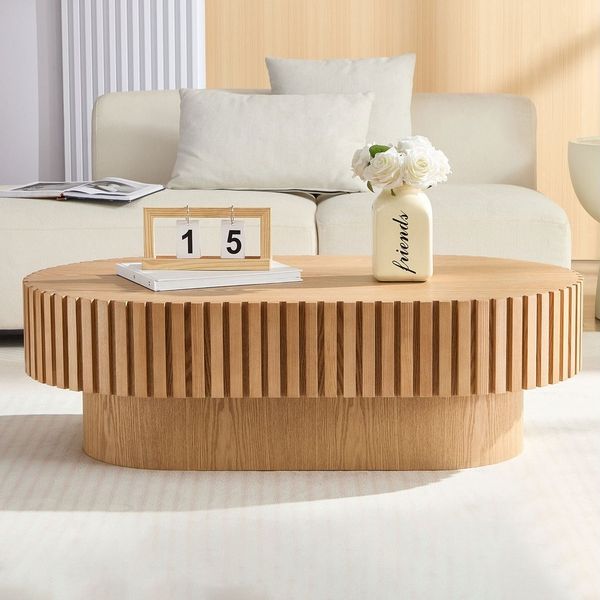 Oval Fluted Coffee Table, Modern Minimalist Center Table with Solid Wood Stripe Accent, MDF with Wood Veneer Construction, Contemporary Accent Table for Living Room, Bedroom, and Office (Natural)