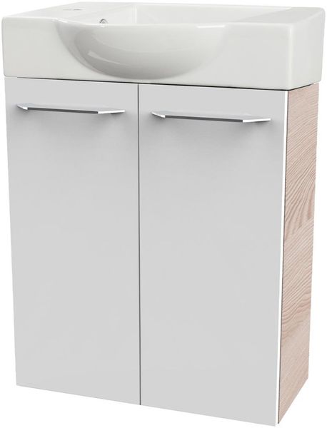 FACKELMANN SBC B.CLEVER Gäste WC Waschtisch Set 55 cm breit, Weiß/Braun hell, Waschbecken Keramik Weiß, Hahnloch links