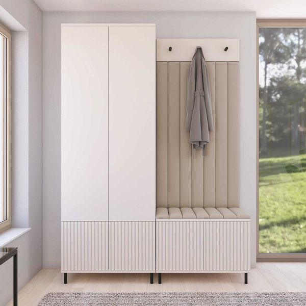 Garderoben-Set Ritmo Version 1 – gefräster Kleiderschrank mit hohen Füßen, gepolsterte Wandpaneele, Schuhschrank, für den Flur (cashmere, Trinity 02), 195 x 40 x 140 cm