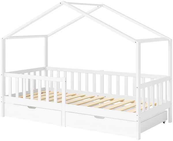 Bellabino 'Bia' Hausbett 80x160 cm mit 2 Schubladen, weiß, Kiefer Massivholz, Montessori Kinderbett mit Stauraum, inkl. Rausfallschutz und Lattenrost Bild 2