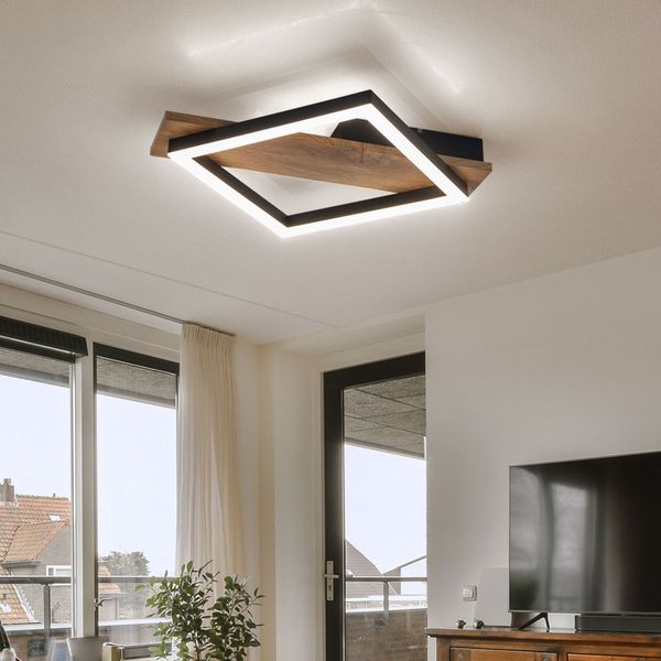 LED Deckenleuchte, Holzoptik, Metall, schwarz, L 33 cm
