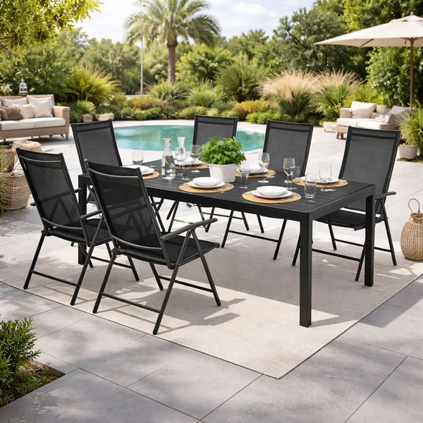 7tlg Gartenmöbel Set Alu Anthrazit Non-Wood Schwarz 160x90cm + 6 Hochlehner mit Textilen