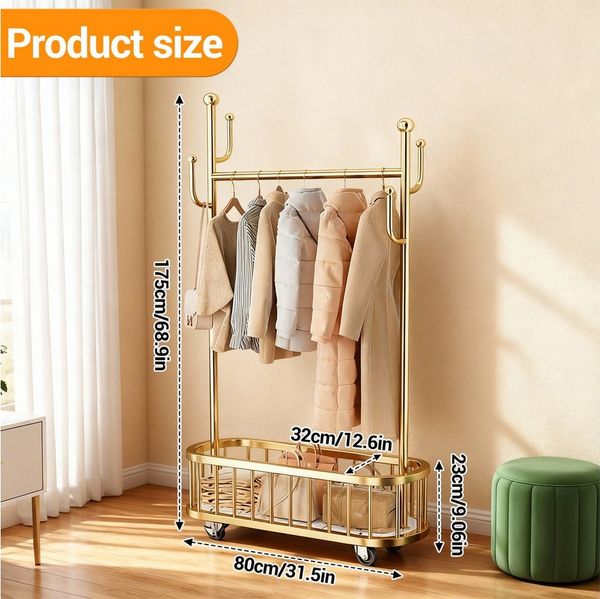 GarveeMore Garderobenhalter Metallkleiderständer mit Rollen, Rollbare mit Ablagefach und 4 Haken, 80/100x175x32CM Kleiderbügelständer für Schlafzimmer, Wohnzimmer