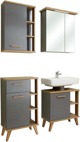 Pelipal Badmöbel-Set, Quickset 924, Quarzgrau Glanz/Riviera Eiche - Waschbeckenunterschrank, Spiegelschrank, Unterschrank mit Regal, Hängeschrank mit Regal