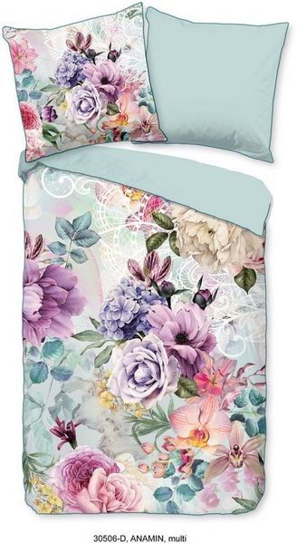 Descanso Wendebettwäsche Anamin, Satin (Bio-Baumwolle), 2 teilig, Baumwolle, Satin, 135x200, Biese, Reißverschluss, Wende, Blumen