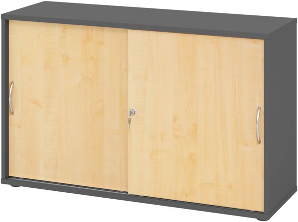 bümö Schiebetürenschrank 2OH - Aktenschrank abschließbar, Sideboard Schrank mit Schiebetüren in Graphit/Ahorn, Bogengriff - Büroschrank aus Holz mit Schiebetür, Büro Kommode für Ordner & Co, 1752S-G-3-BM