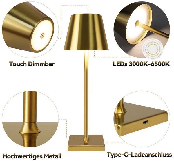 ZMH LED Tischleuchte Kabellos 3 Farbtemperatur Gold Vintage Nachttischlampe Schlafzimmer, Augenschutz, Einfache Installtion, LED fest integriert, 3000-6500K, USB Touch Dimmbar Tischlampe Wohnzimmer Restaurant Bild 4