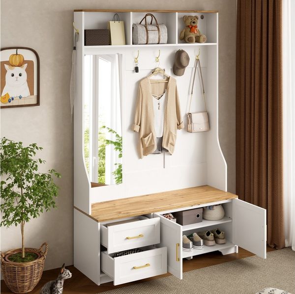 Merax Garderoben-Set mit LED-Beleuchtung inkl. App, (120 x 187 x 40 cm, 1-St, Möbelset Garderobenschrank Eingangsbereich-Schrank), Garderobenkombination mit Spiegel, Sitzbank, Haken & Ablagefächern