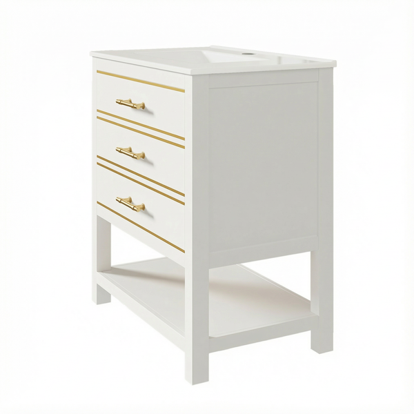 Flieks Waschtisch 76x46.5x86 cm, freistehender Badezimmerschrank mit Keramikbecken, 2 Schubladen, offenem Fach, Weiß/Gold Bild 6