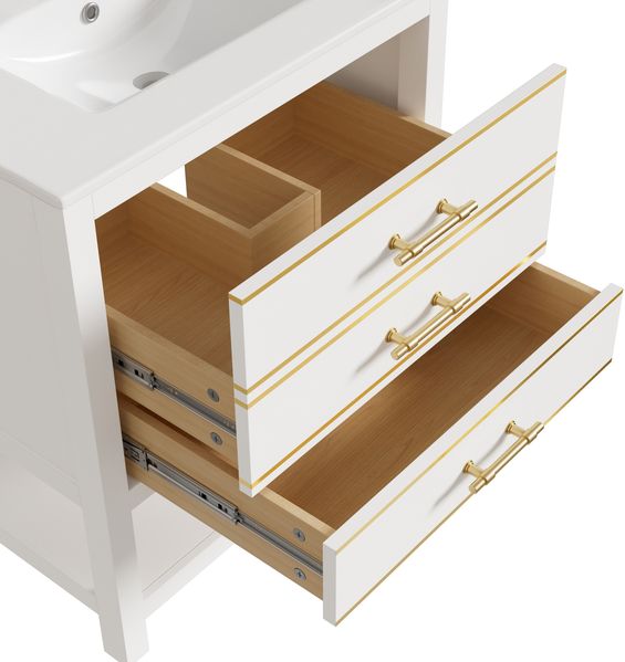 Flieks Waschtisch 76x46.5x86 cm, freistehender Badezimmerschrank mit Keramikbecken, 2 Schubladen, offenem Fach, Weiß/Gold Bild 9