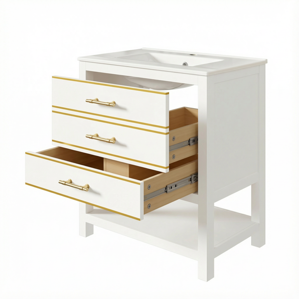 Flieks Waschtisch 76x46.5x86 cm, freistehender Badezimmerschrank mit Keramikbecken, 2 Schubladen, offenem Fach, Weiß/Gold Bild 5