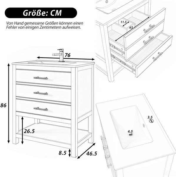 Flieks Waschtisch 76x46.5x86 cm, freistehender Badezimmerschrank mit Keramikbecken, 2 Schubladen, offenem Fach, Weiß/Gold Bild 4