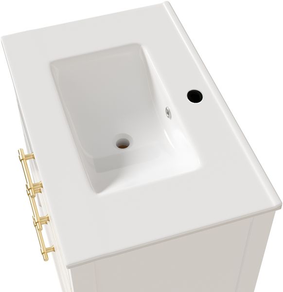 Flieks Waschtisch 76x46.5x86 cm, freistehender Badezimmerschrank mit Keramikbecken, 2 Schubladen, offenem Fach, Weiß/Gold Bild 8