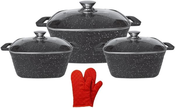 Kochtopf Kasserolle Topf Set 6-tlg Quadratisch m. Handschuhe Cheffinger CF-SQC01