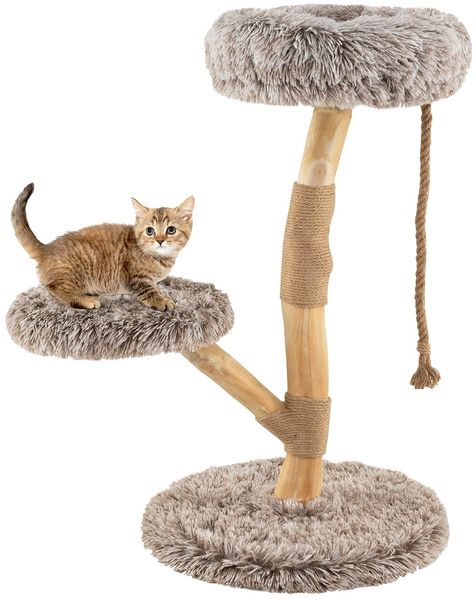 90 cm Kratzbaum Holz Katzenbaum mit 3 Plüschsitzflächen Seil & Kratzpfosten aus Jute Katzenturm Katzenmöbel Massivholz Braun+Natur