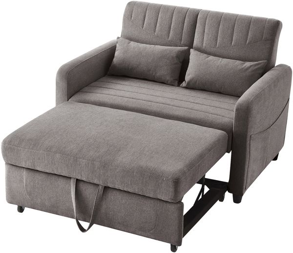 Flieks 2-Sitzer Schlafsofa mit Schlaffunktion, ausziehbares Sofa Bett, 3-fach verstellbare Rückenlehne, Baumwoll-Leinen-Bezug, inkl. 2 Kissen, Grau