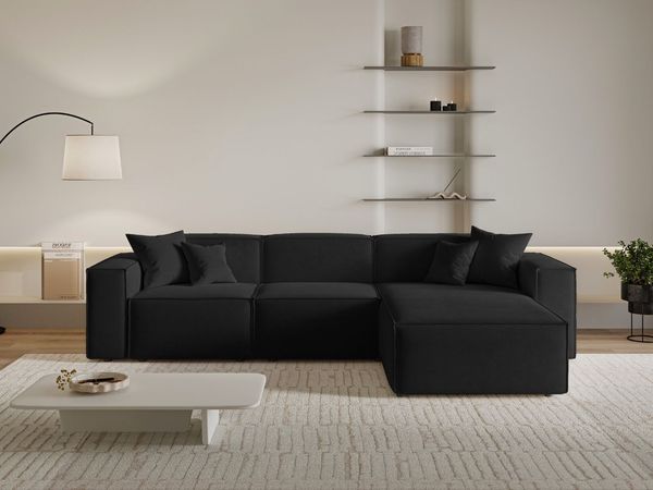 GRAINGOLD Ecksofa Arizona, Eckcouch für Wohnzimmer, Moderne Ecksofa, L-Form, Velour-Stoff, Schwarz, Rechts