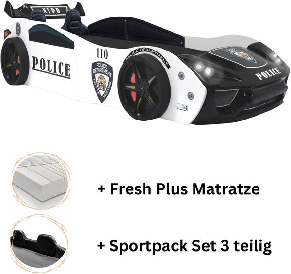 Autobett Kinderbett "Police" + Sportsitze 90x200 inkl. Lattenrost