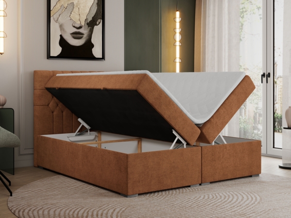 Boxspringbett mit 2 Bettkästen, Matratze und Topper - PERA - 160x200cm - Orange Stoff - H3 Bild 2