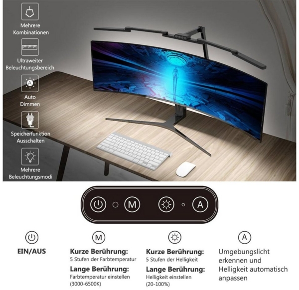 Jibenhome LED Schreibtischlampe LED Dimmbar Schreibtischlampen Klemmbar Bürolampe, Transformierbar 24W, Tageslichtlampe Büro Tischlampe Augenschutz, 105cm, 5 Farbtemperaturen Bild 2