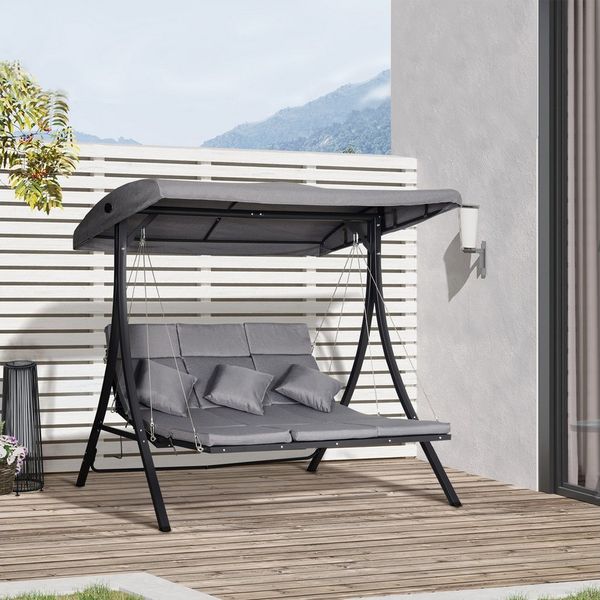 Outsunny Hollywoodschaukel Gartenschaukelmit mit Sonnendach, 3-Sitzer, Verstellbares Dach, Schaukelbank, 1 tlg, Schaukelstuhl, für Garten, Balkon, Grau