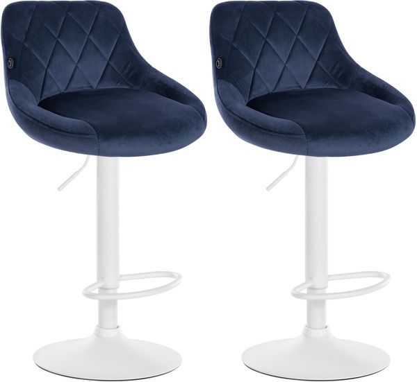 2er Set Barhocker FALON - Samt Blau 46x49x83 cm Weiß | Barstuhl Mit Lehne Drehbar Tresenhocker Tresenstuhl Kneipenhocker Kneipenstuhl