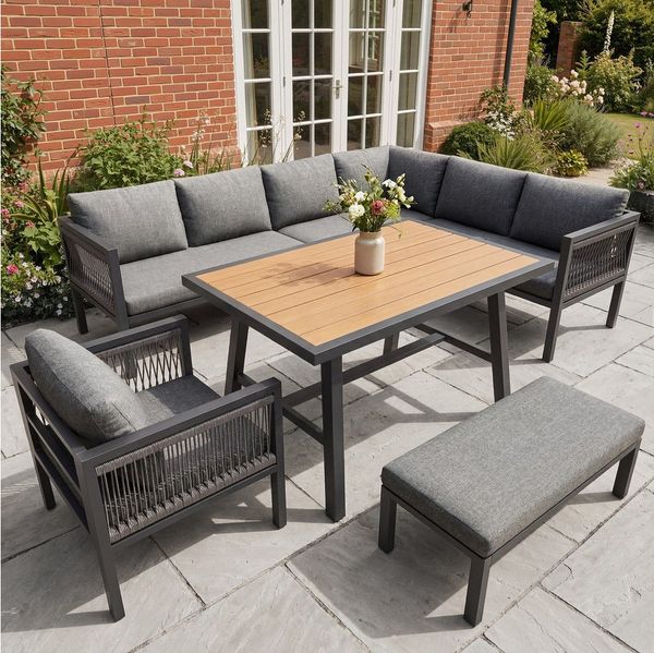 Celya Gartenlounge-Set 6-tlg mit Tisch und Hockern, (wetterfestes Stahlgestell, strapazierfähige Sitzkissen, modernes Seilgeflecht-Design), ideal für Balkon, Terrasse, Garten oder Wintergarten