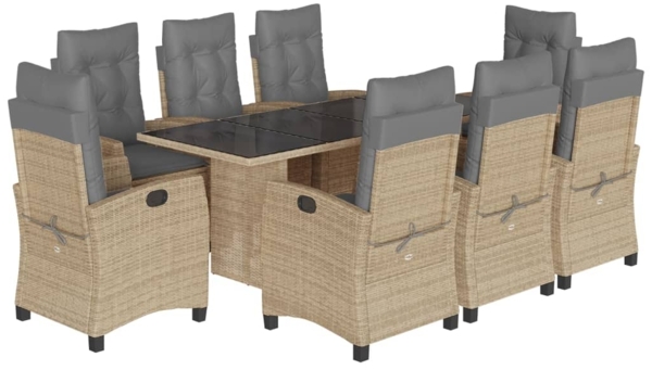 vidaXL 9-tlg. Garten-Essgruppe mit Kissen Beigemischung Poly Rattan 3212696