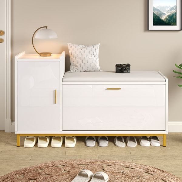 Schuhschrank mit Sitzbank Weiß/Gold, 100x38x68 cm, Hochglanz mit herunterziehbarem Schuhregal