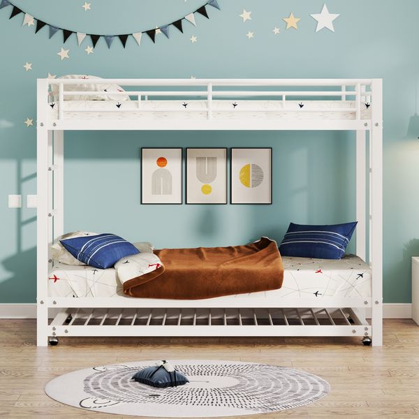 Etagenbett 90x200 cm Metall mit Ausziehbett, hohem Rausfallschutz, EN747-konform, modernes weißes Design