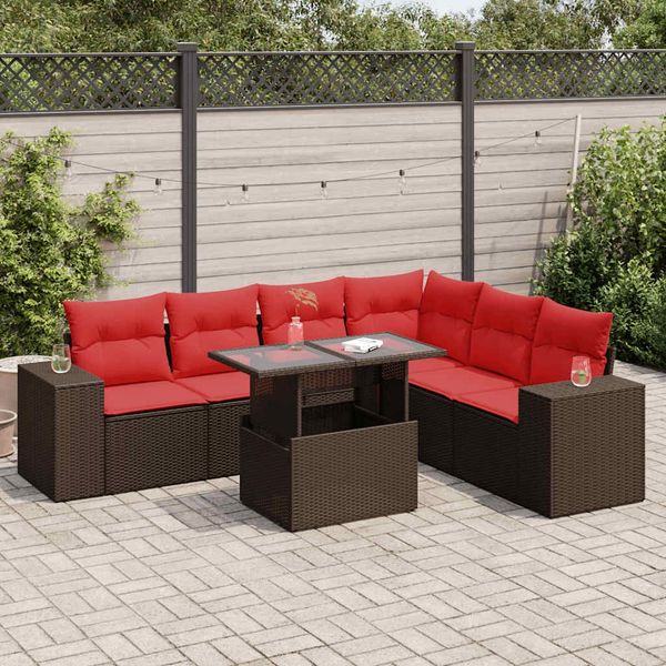 vidaXL 7-tlg. Garten-Sofagarnitur mit Kissen Braun Poly Rattan Akazie 3326815