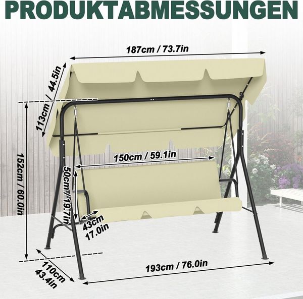 FIVMEN Hollywoodschaukel Gartenschaukel 3-Sitzer Gartenliege Schaukelbank Garten Schaukel, 193x110x152cm, Metall Hängeschaukel mit Verstellbarem Sonnendach Liegefunktion