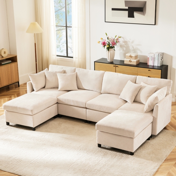 Merax Sofa aus Chenille-Stoff mit abnehmbarem Fußhocker, L-förmiges Ecksofa, U-förmiges Sofa, modulares Sofa, Beige