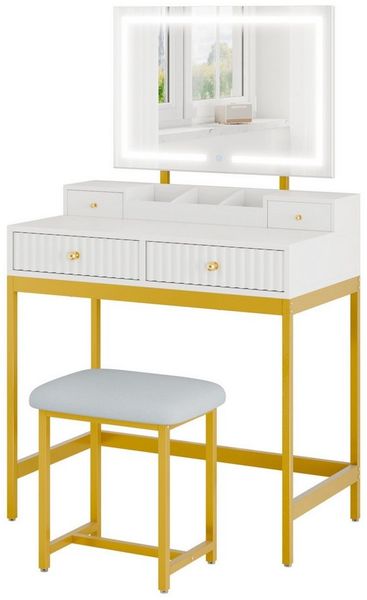 Mondeer Schminktisch Schminktisch mit Hocker, LED-Spiegel (3 Lichtmodi), Stauraum & Wellendesign, 80x45x132 cm