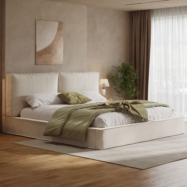 Polsterbett,Doppelbett,180x200 cm,Bett mit Lattenrost, gepolstertes Kopfteil, Beige Chenille