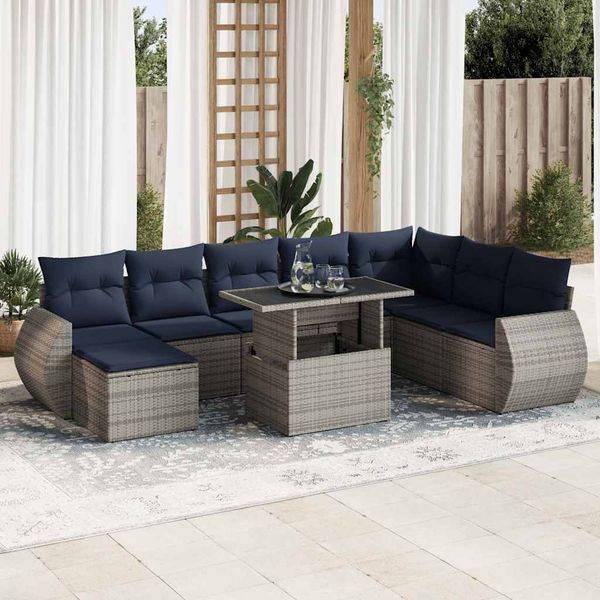 vidaXL 9-tlg. Garten-Sofagarnitur mit Kissen Grau Poly Rattan Akazie 3326692