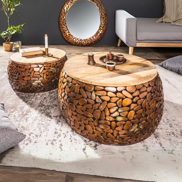 Extravagantes Couchtisch 2er Set PIEDRA Aluminium Mangoholz ca. 65cm Mosaik Handgearbeitet