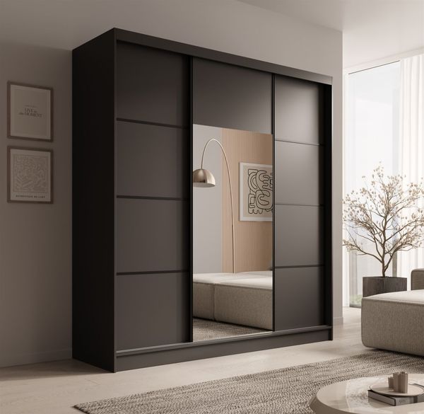Schiebetürenschrank Schrank ALFA in Schwarz- Tür Applikation Schwarz 200 x 215 x 61 cm