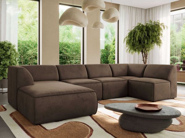 Modulares XXL-Ecksofa MODARO 5M, U-Form, Wohnlandschaft, 5-teilig, freistehend, Wohnzimmer Couch, HR-Schaumstoff - Braun Velvet - Links
