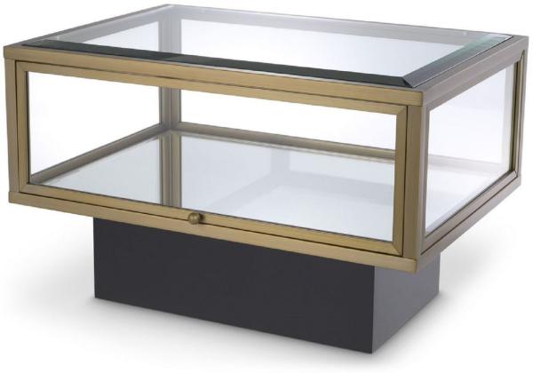 Casa Padrino Luxus Beistelltisch Messingfarben / Schwarz 70 x 50 x H. 46 cm - Rechteckiger Edelstahl Tisch mit Glasplatten und Spiegelglas Boden - Luxus Wohnzimmer & Hotel Möbel