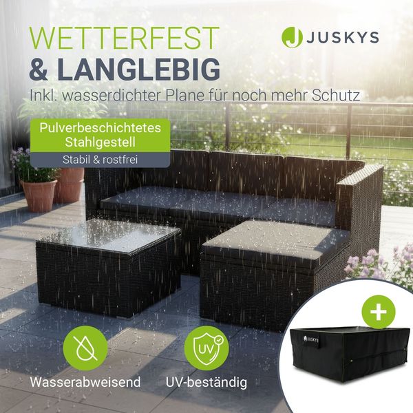 Juskys Polyrattan Lounge Punta Cana M schwarz inkl. Abdeckung – Gartenlounge für 3-4 Personen – Sitzgruppe mit Sofa, Tisch & Hocker - Sitzbezüge Dunkelgrau Bild 2