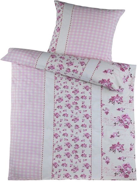 KH-Haushaltshandel Bettwäsche 2-tlg. Biber Winter Bettwäsche, 135x200 + 80x80cm, 100% Baumwolle, Biber, 2 teilig, weiß rose, Rosen + Karos, flauschig weich und warm
