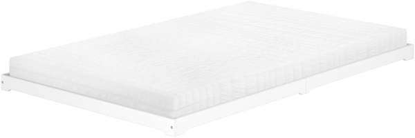 Weißes Bodenbett platzsparend extra niedrig in Überlänge 140x220 Kiefer V-60.47W-14-220Rollrost und Matratze inkl.