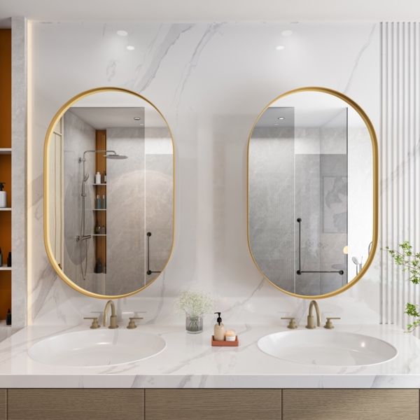 Ovaler Gold Spiegelschrank mit Metallrahmen, Wandmontage oder Einbau möglich, Feuchtigkeitsbeständig