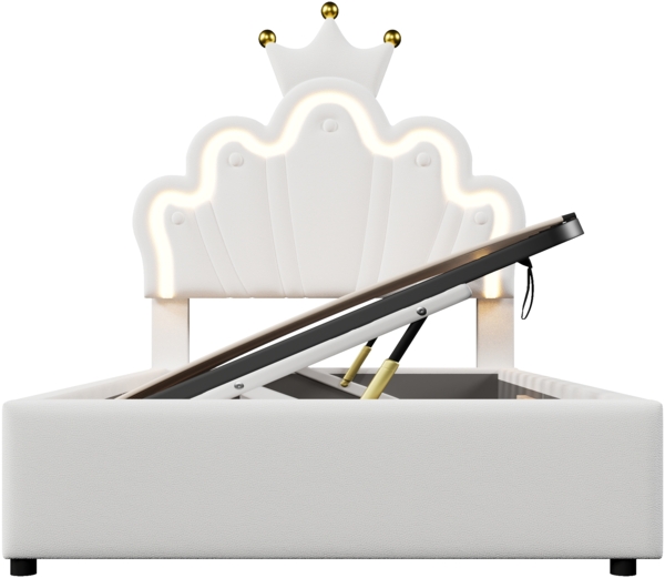 Polsterbett 90x200 cm mit LED-Beleuchtung, hydraulischem Bettkasten, verstellbarem Kopfteil, elegantes Kronendesign,Weiß,inklusive Taschenfederkern Bild 9