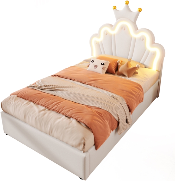 Polsterbett 90x200 cm mit LED-Beleuchtung, hydraulischem Bettkasten, verstellbarem Kopfteil, elegantes Kronendesign,Weiß,inklusive Taschenfederkern Bild 7