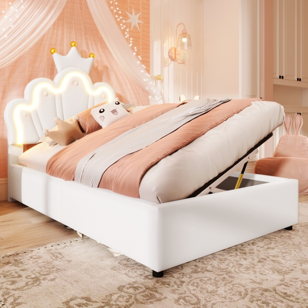 Polsterbett 90x200 cm mit LED-Beleuchtung, hydraulischem Bettkasten, verstellbarem Kopfteil, elegantes Kronendesign,Weiß,inklusive Taschenfederkern Bild 3