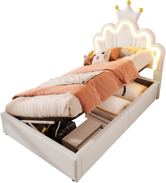 Polsterbett 90x200 cm mit LED-Beleuchtung, hydraulischem Bettkasten, verstellbarem Kopfteil, elegantes Kronendesign,Weiß,inklusive Taschenfederkern Bild 8