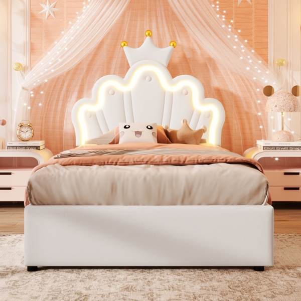 Polsterbett 90x200 cm mit LED-Beleuchtung, hydraulischem Bettkasten, verstellbarem Kopfteil, elegantes Kronendesign,Weiß,inklusive Taschenfederkern Bild 2